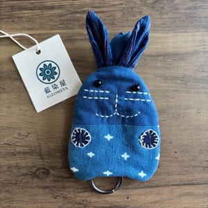 Handmade Indigo-Dyed Bunny Key Pouch – Japanese Aizome Coin Purse with Sashiko Embroidery
