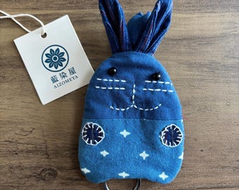 Handgemachte Indigo-gefärbte Aizome Geldbörse mit Sashiko Stickerei
