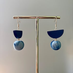 Modern Indigo & Wood Earrings – Geometric Statement