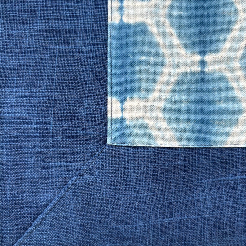 May include: Close-up of a section of blue fabric with a geometric pattern. The fabric has a textured appearance, with a darker blue section meeting a lighter blue section with a white geometric design. The edges are neatly sewn.