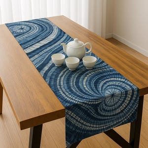 Handmade Indigo Table Runner – Botanical Tornado Pattern | Shibori Dyed Cotton | Nature-Inspired Home Decor