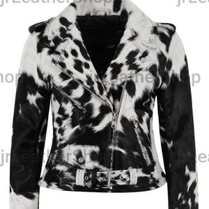 Women&#39;s Biker Leather Jacket - Black And White Natural Hair Cowhide Motorcycle Jacket - Ladies Biker Belted Jacket - Genuine Cowhide Leather