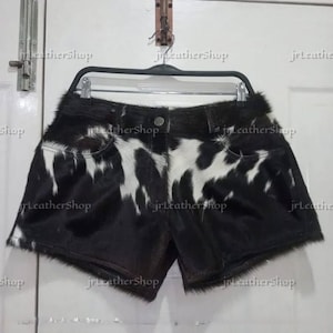 Women&#39;s Black and White Cowhide Leather Shorts - Handmade Shorts- Natural Hair On Cowhide Shorts - Western Cowboy Ladies Short- gift for her