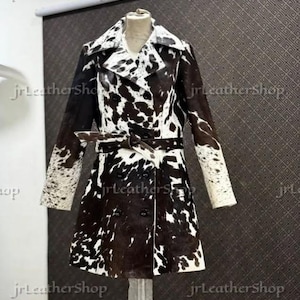 Natural Hair Cowhide Leather Long Trench Coat - Real Hair on Leather Duster - Western Long Coat - Women's or Men's Western Style Trench Coat