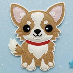 May include: A felt Chihuahua dog applique with a brown and white coat, large black eyes, and a red collar. The dog has large, pointed ears with pink inner ears and a fluffy tail. The applique is on a light blue background.