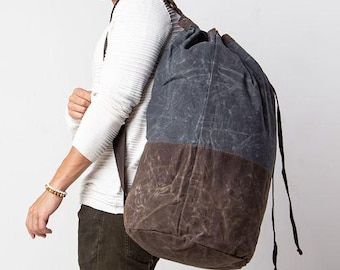 Rugged Waxed Canvas Duffel Bag – Personalized Drawstring Laundry Tote | Olive, Black, Slate