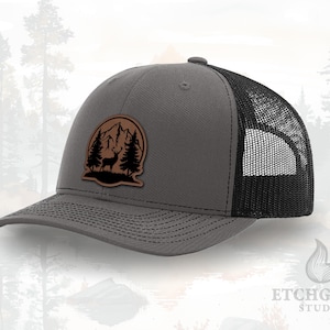 Mountain Scene Hat – Deer with Pine Trees & Mountains Patch – Outdoors Leatherette Trucker Hat