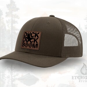 Duck Hunting Trucker Hat – “Duck, Duck. Boom” Leather Patch – Custom Snapback for Outdoorsmen