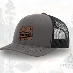 Size Matters Hat – Funny Deer Hunting Patch – Leatherette Trucker Hat