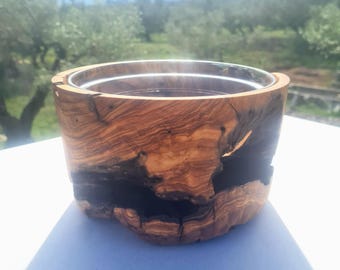 Large Olive Wood Bowl with Removable Glass Insert
