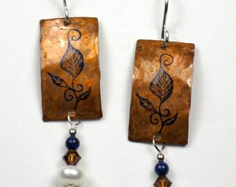 Antiqued Copper Rectangle Earrings with Leaf and Freshwater Pearl