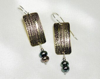 Textured Brass Rectangle Earrings with Freshwater Pearls