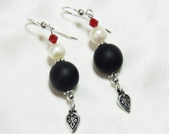 Matte Black Glass Earrings with Freshwater Pearls and Red Swarovski Crystal