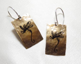 Brass Rectangle Earrings with Dragonfly