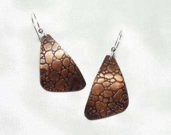 Antiqued Embossed Copper Triangular Earrings