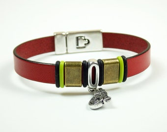 Leather Bracelet Red with Antique Brass and Pewter Sliders and Cat Charm