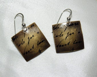 Square Antiqued Brass Earrings with French Ink Stamp
