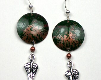 Domed Copper Circle Earrings with Dark Green Patina and Ivy Leaf