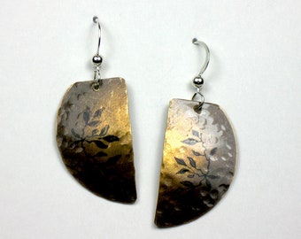 Half Circle Antiqued Brass Earrings with Leaf Stamp