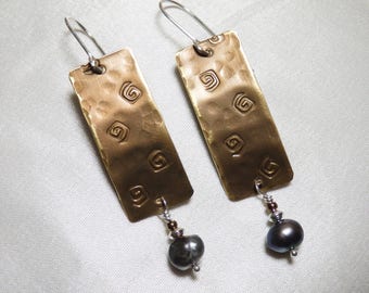 Brass Rectangle Earrings with Spirals and Freshwater Pearls