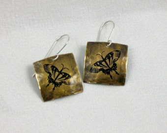 Antiqued Brass Earrings with Butterfly