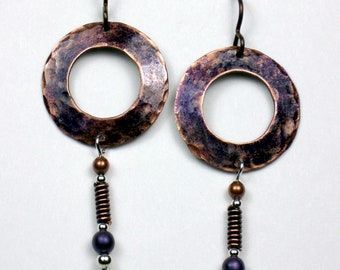 Copper Circle Earrings with Coiled Dangle