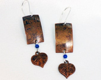 Antiqued Copper Rectangle Earrings with Leaf Charm and Lapis