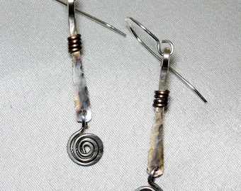 Silver Hammered Stick Earrings with Spirals