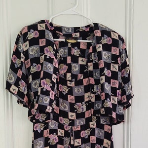 Vintage Rayon Dress with Jacket Black Pink and Lavender Checkered Dress with Floral Accents