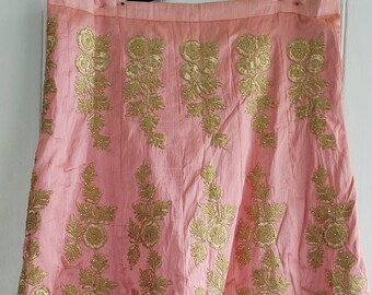 Pink Peach Blossom Dupioni Silk Skirt with Gold Embroidery Embellished with Clear Rhinestones