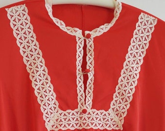 Red Long Sleeve Nylon Pajama Top with Soft White Lace Cuffs and Accents 42 Chest