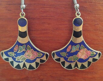 Butterfly with Lilac Egyptian Fan Shaped Cloisonne Dangle & Drop Earrings