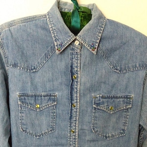 Banana Republic Denim Shirt Jacket Size Large Beaded Collar Pearl Snap