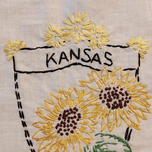 Peut inclure: Broderie avec le mot "KANSAS" au-dessus de deux tournesols. Les tournesols sont jaunes avec des centres bruns et des feuilles vertes. Le motif est encadré par un contour noir avec un pointillé et de petites fleurs jaunes.