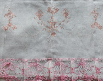 Pair of Two White and Pink New Old Stock Lace Embellished Pillowcases with Embroidery Pattern 22 x 30