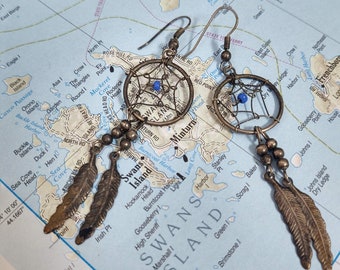 Wire Wrapped Dream Catcher Dangle & Drop Earrings with Feather Accents