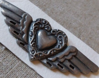 Vintage Pewter Winged Heart Pin with Two Posts 2.75 Length