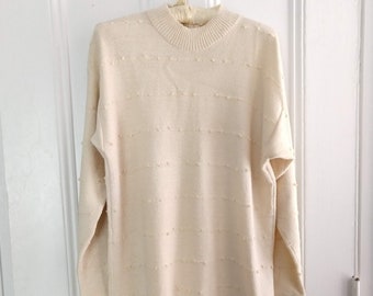 Soft Ivory Wool and Rayon Tunic Sweater Nubby Knit with Center Back Zip