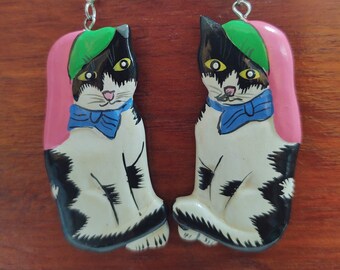 Black and White Cat Earrings Hand Painted Light Weight Wood Earrings Are they Wearing Bowties and Berets? IDK!