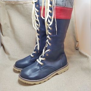 Vintage Red and Blue Faux Leather Lace up Tall Boots Size 42