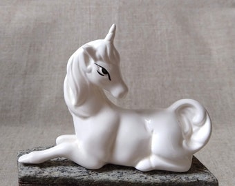 1980s Ceramic Resting Unicorn Figurine Sweet and Simple with Beautiful Eyes