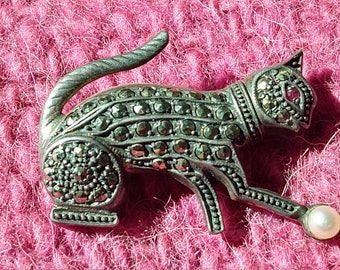 Vintage Marcasite Pave Kitty Cat with Pink Garnet Eye and Pearly Ball of Yarn