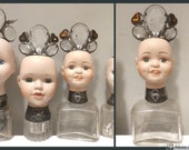 Vintage Inkwell with Porcelain Doll Head Antique Chandelier Prisms and Tinted Glass Hearts Free Standing Stained Glass Soldered Technique