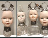 Vintage Inkwell with Porcelain Doll Head Antique Chandelier Prisms and Tinted Glass Hearts Free Standing Stained Glass Soldered Technique