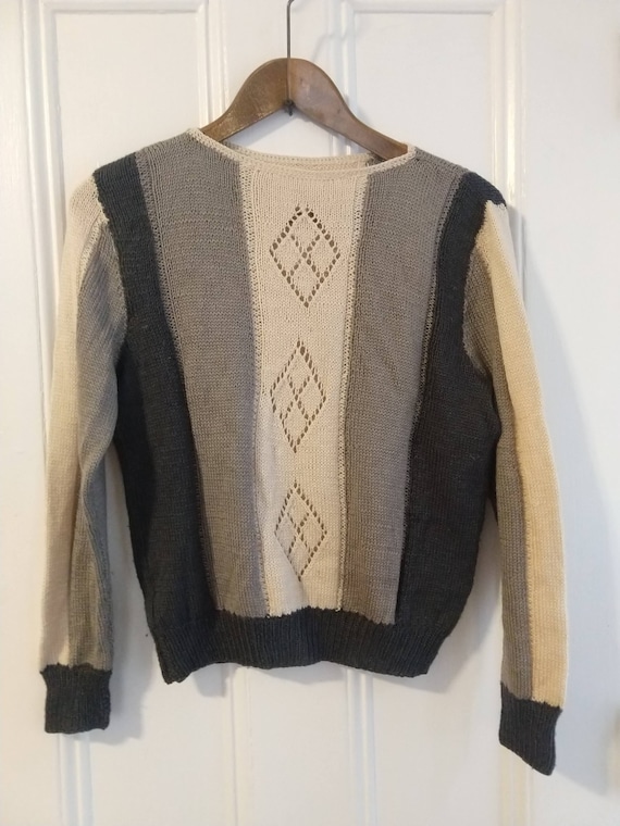 Sweater Hand Knit Argyle Eyelet Neutral Tone Norm… - image 1