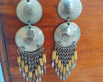 Wire Wrapped Tiered Peruvian Coins Dangle & Drop Earrings with Quill Wrapped Dagger Tipped Chain