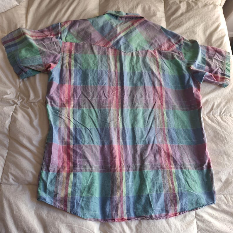 K&ouml;nnte beinhalten: Ein kurz&auml;rmeliges Hemd mit einem pastellfarbenen Karomuster in Rosa, Blau, Gr&uuml;n und Lila. Das Hemd hat eine Knopfleiste und einen klassischen Kragen. Der Stoff scheint leicht zu sein, geeignet f&uuml;r w&auml;rmeres Wetter.
