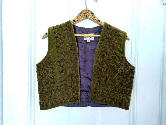Embellished ,Olive Green, Vintage Velvet Vest, Cro