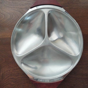 Round Three Section Danish Modern Tray Stainless with Teak Handles Made in Japan