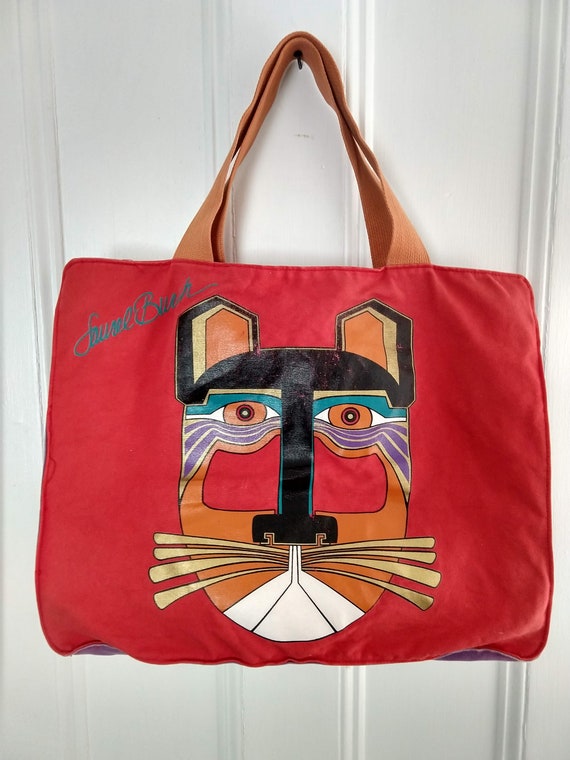 Vintage Laurel Burch Huge Cat Head Tote Bag Red C… - image 1